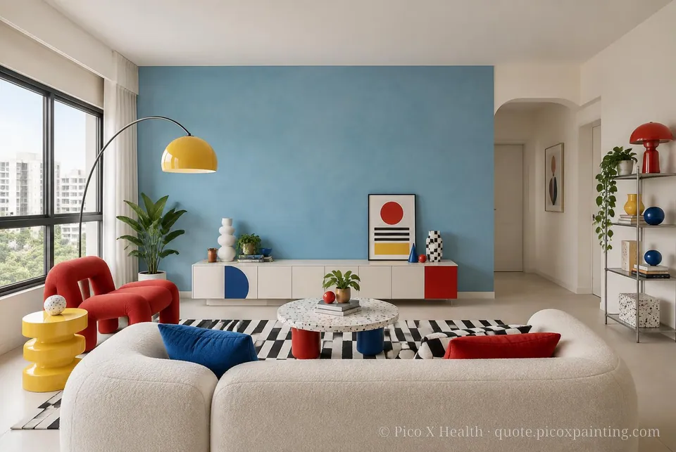 Memphis wellness painting theme living room with official Gush and Raffles colour pairing