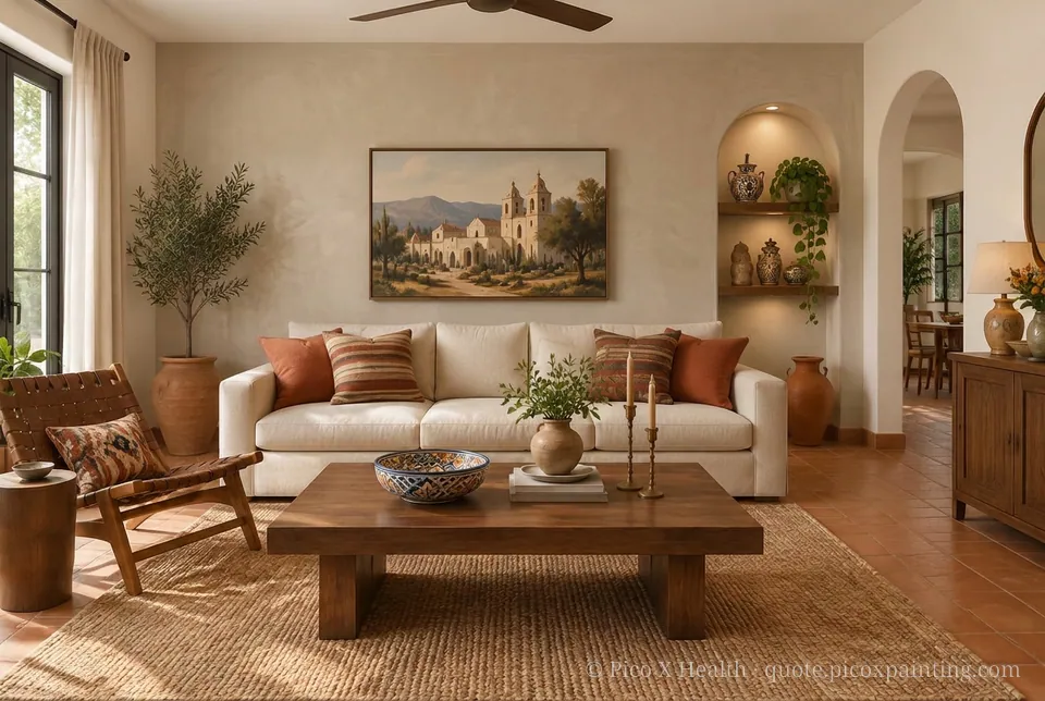 Mexican Hacienda Rich / Statement living room — Gush Core/Care Sandy Mandy (NE005B) walls with a Raffles Mocha Silk limewash feature wall and Mexican Hacienda furnishings