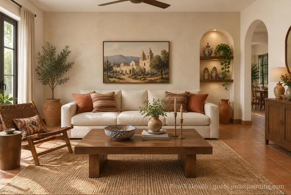 Mexican Hacienda Soft / Airy living room — Gush Core/Care Pillowtalk (WH006A) walls with a Raffles Soft Linen limewash feature wall and Mexican Hacienda furnishings