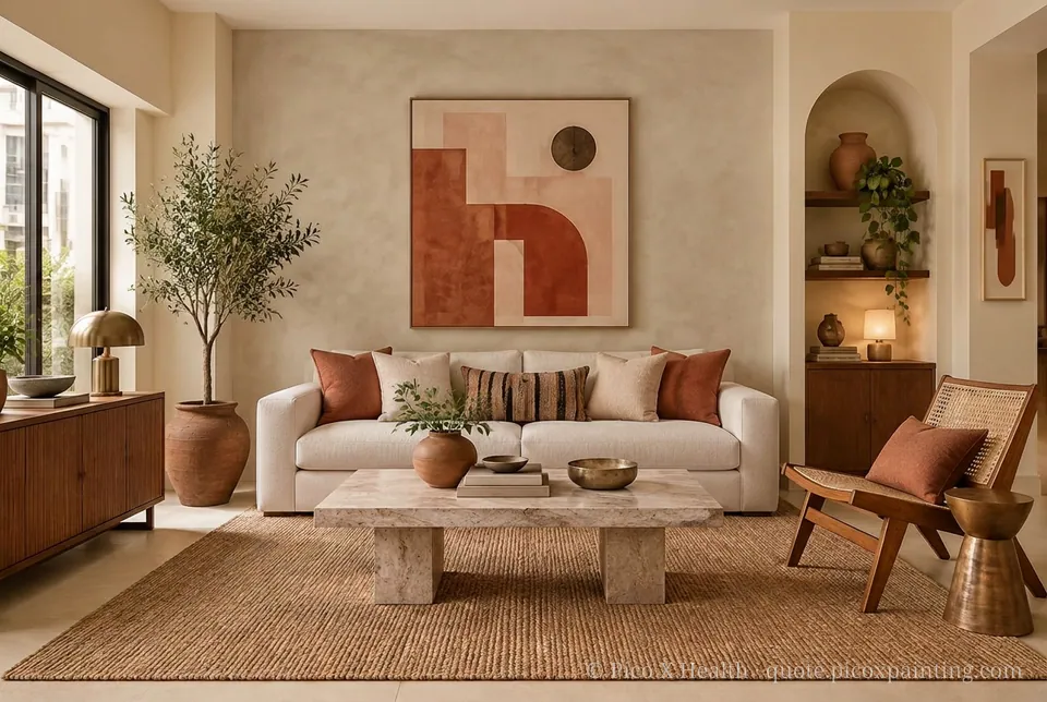 Mexican Modernism Rich / Statement living room — Gush Core/Care Sandy Mandy (NE005B) walls with a Raffles Mocha Silk limewash feature wall and Mexican Modernism furnishings