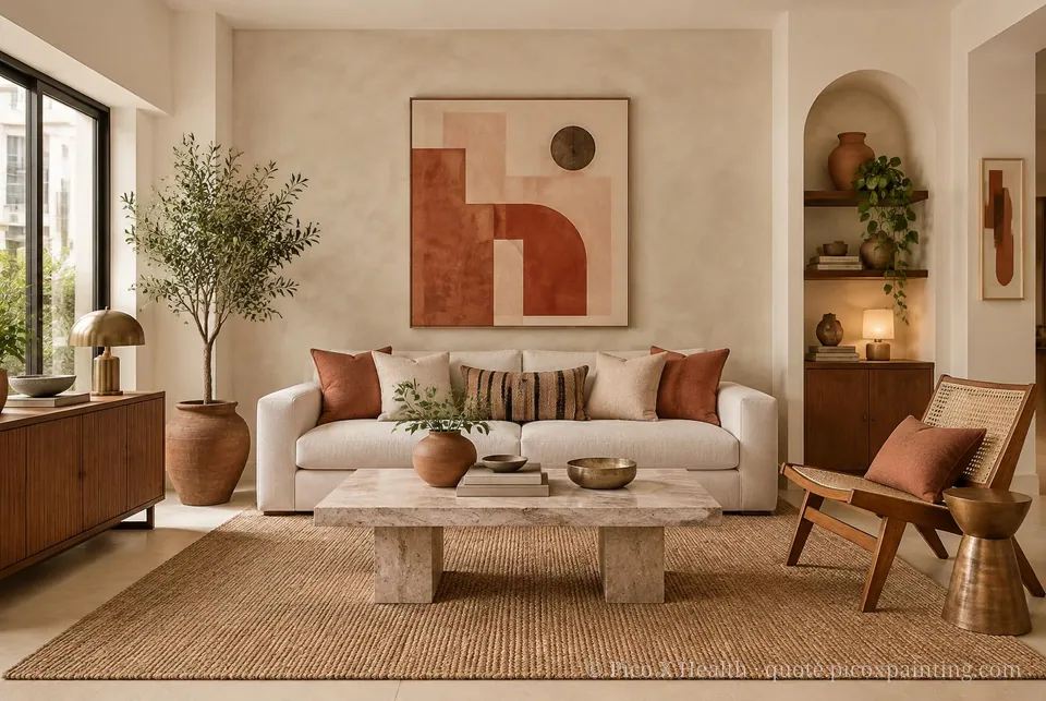 Mexican Modernism Soft / Airy living room — Gush Core/Care Pillowtalk (WH006A) walls with a Raffles Soft Linen limewash feature wall and Mexican Modernism furnishings