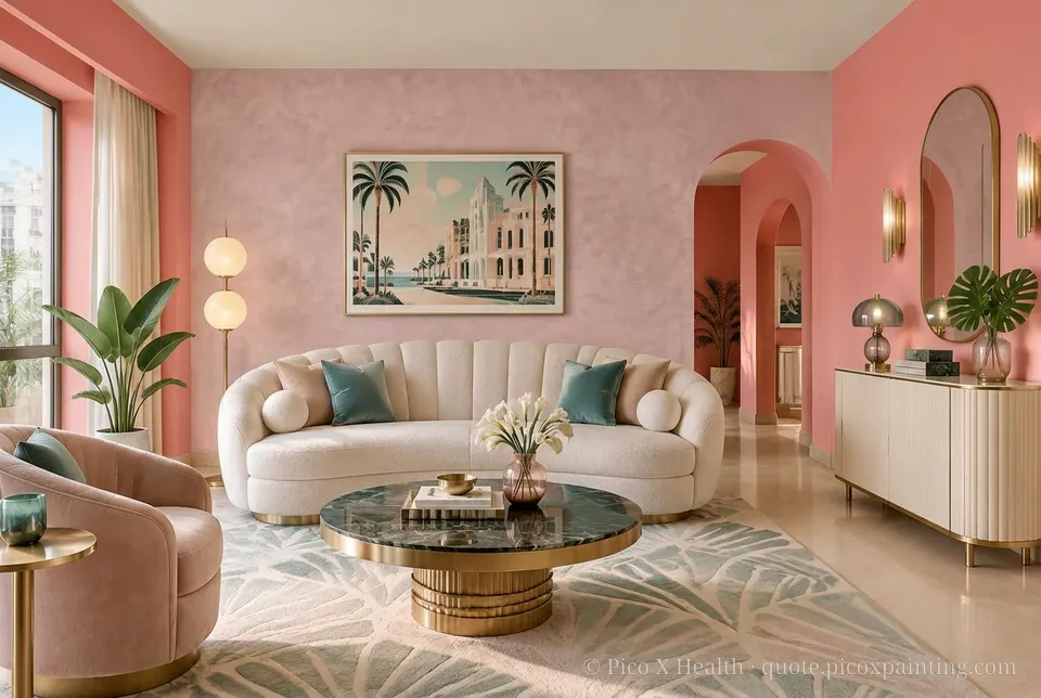 Miami Art Deco Rich / Statement living room — Gush Core/Care Octane (PI021B) walls with a Raffles Hot Pink limewash feature wall and Miami Art Deco furnishings