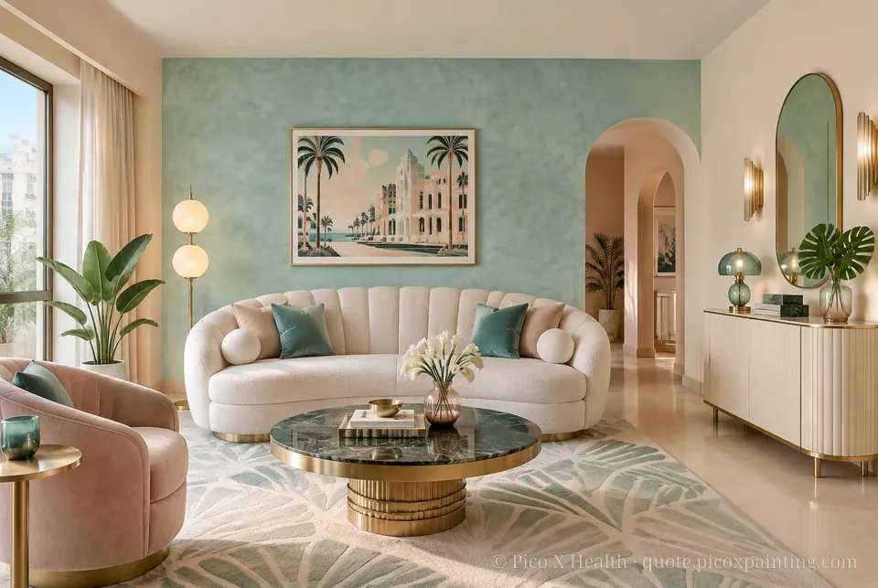 Miami Art Deco Soft / Airy living room — Gush Core/Care Private Island (PI011A) walls with a Raffles Aqua Fern limewash feature wall and Miami Art Deco furnishings