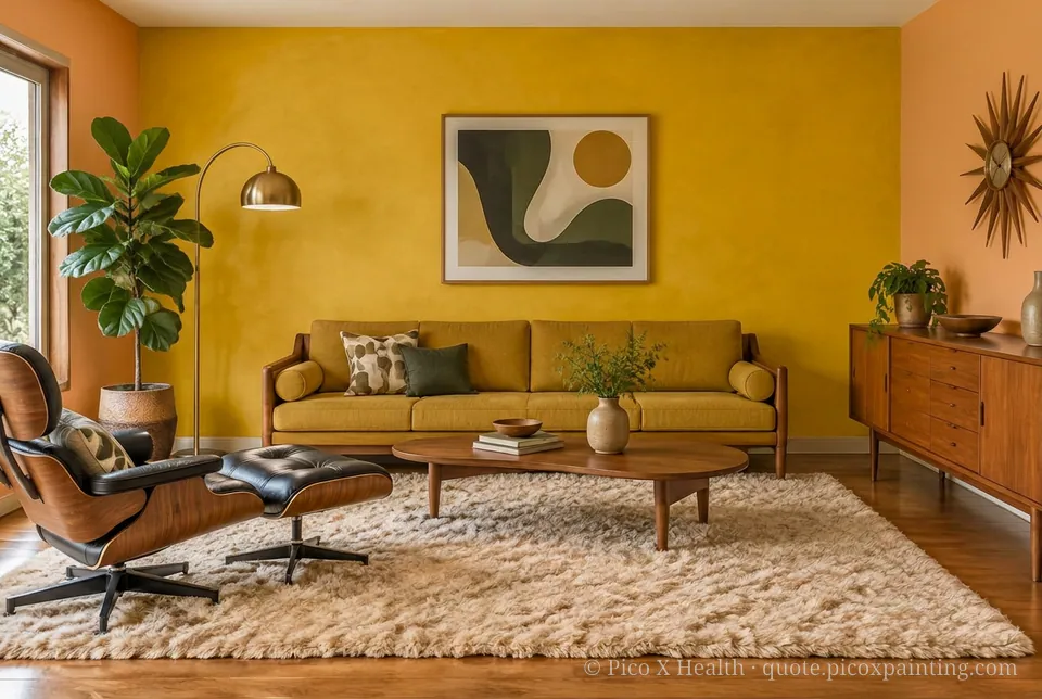 Mid-Century Modern Rich / Statement living room — Gush Core/Care Mango (OR002B) walls with a Raffles Golden Euphoria limewash feature wall and Mid-Century Modern furnishings
