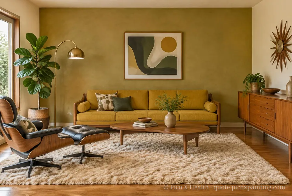 Mid-Century Modern Soft / Airy living room — Gush Core/Care Maple Butter (YE003A) walls with a Raffles Autumn Times limewash feature wall and Mid-Century Modern furnishings