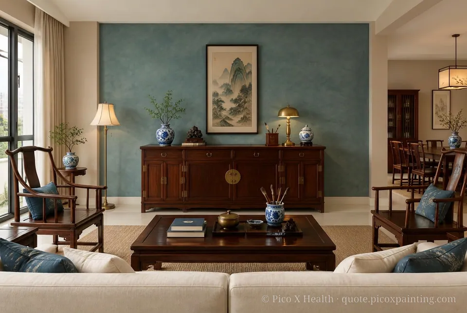 Ming Scholar Rich / Statement living room — Gush Core/Care Coffee Beam (NE015B) walls with a Raffles Midnight Melody limewash feature wall and Ming Scholar furnishings