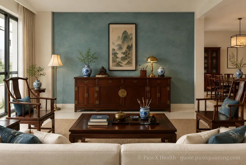 Ming Scholar Soft / Airy living room — Gush Core/Care Siew Dai (WH012A) walls with a Raffles Steel Blue limewash feature wall and Ming Scholar furnishings