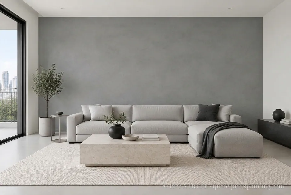Minimalist Rich / Statement living room — Gush Core/Care Skydiver (XR003A) walls with a Raffles Gravel Gray limewash feature wall and Minimalist furnishings