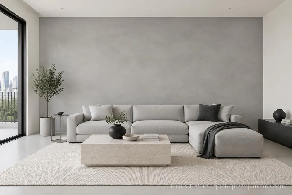 Minimalist Soft / Airy living room — Gush Core/Care Linen (XR010A) walls with a Raffles Cement Gray limewash feature wall and Minimalist furnishings
