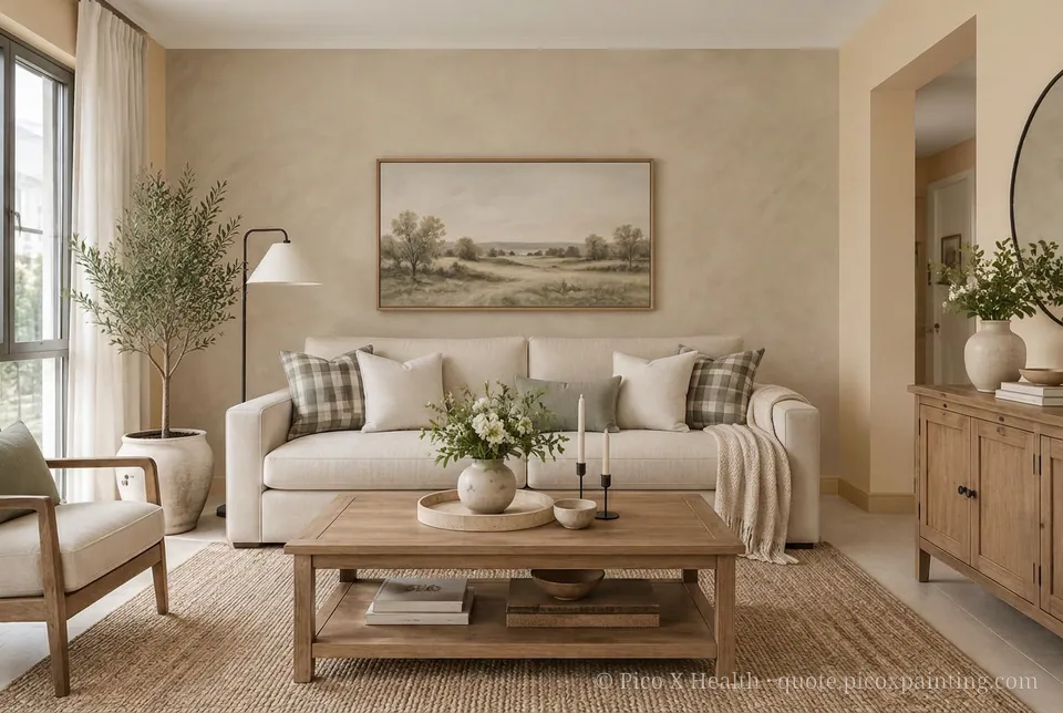 Modern Farmhouse Rich / Statement living room — Gush Core/Care Malik (NE019B) walls with a Raffles Mocha Silk limewash feature wall and Modern Farmhouse furnishings