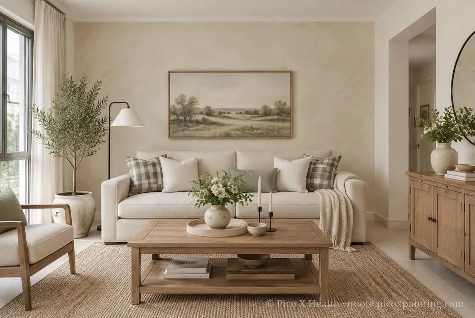 Modern Farmhouse Soft / Airy living room — Gush Core/Care Boney (WH018A) walls with a Raffles Champange Cream limewash feature wall and Modern Farmhouse furnishings