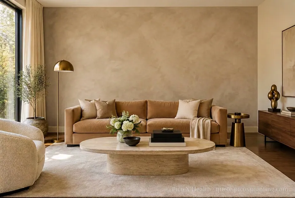 Modern Luxury Rich / Statement living room — Gush Core/Care Coffee Beam (NE015B) walls with a Raffles Mocha Silk limewash feature wall and Modern Luxury furnishings