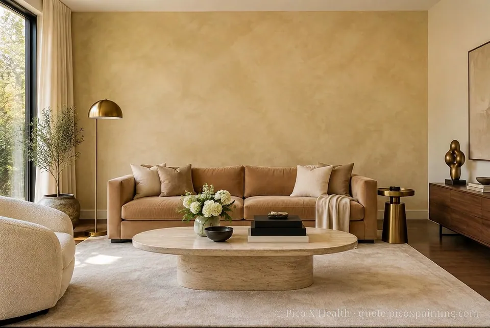 Modern Luxury Soft / Airy living room — Gush Core/Care Deckchair (NE047A) walls with a Raffles Sugar Terra limewash feature wall and Modern Luxury furnishings