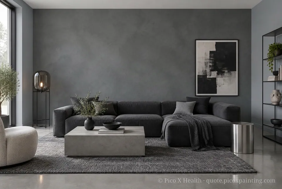 Modern Rich / Statement living room — Gush Core/Care Stellar (XR056B) walls with a Raffles Dark Sky limewash feature wall and Modern furnishings