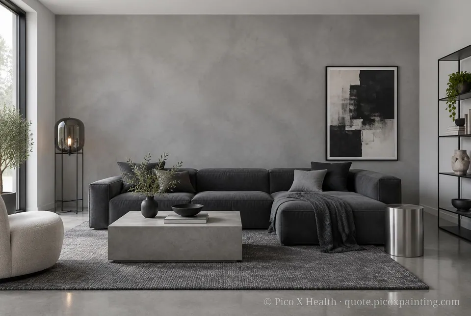 Modern Soft / Airy living room — Gush Core/Care Cooldown (XR001A) walls with a Raffles Cement Gray limewash feature wall and Modern furnishings