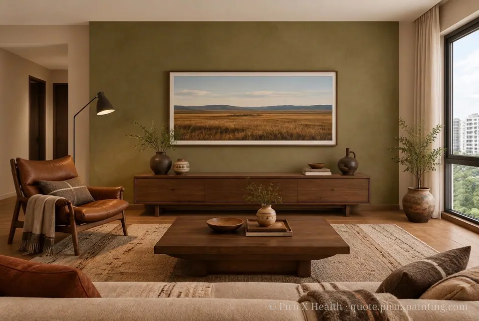 Mongolian Steppe Rich / Statement living room — Gush Core/Care Coffee Beam (NE015B) walls with a Raffles Toffee Delight limewash feature wall and Mongolian Steppe furnishings