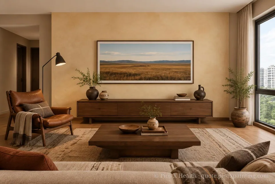 Mongolian Steppe Soft / Airy living room — Gush Core/Care Retriever (NE014B) walls with a Raffles Sugar Terra limewash feature wall and Mongolian Steppe furnishings