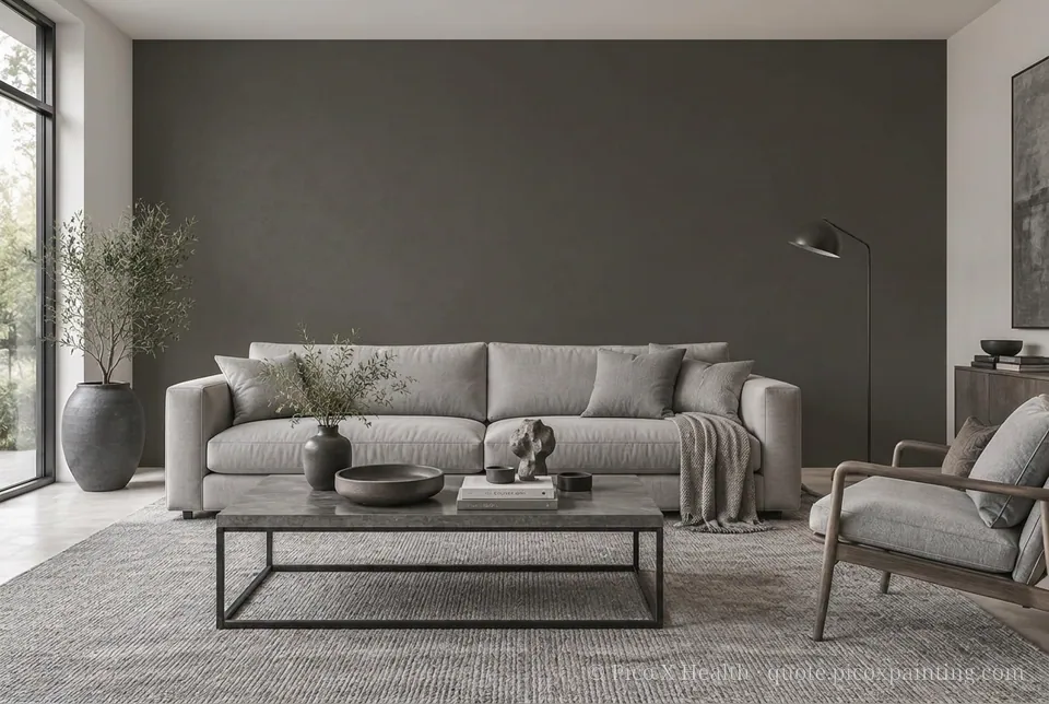 Monochromatic Rich / Statement living room — Gush Core/Care Window Gazing (XR005A) walls with a Raffles Foggy Gray limewash feature wall and Monochromatic furnishings