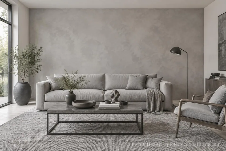 Monochromatic Soft / Airy living room — Gush Core/Care Fairytale (XR076A) walls with a Raffles Ashen Mist limewash feature wall and Monochromatic furnishings