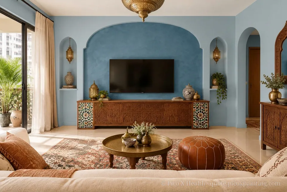 Moroccan Riad Rich / Statement living room — Gush Core/Care Dreamboat (BL009B) walls with a Raffles Indigo Lagoon limewash feature wall and Moroccan Riad furnishings