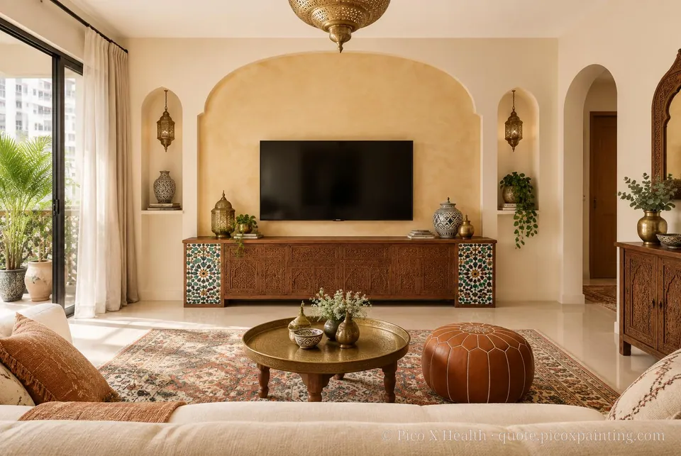 Moroccan Riad Soft / Airy living room — Gush Core/Care Cupcake (NE010A) walls with a Raffles Sugar Terra limewash feature wall and Moroccan Riad furnishings