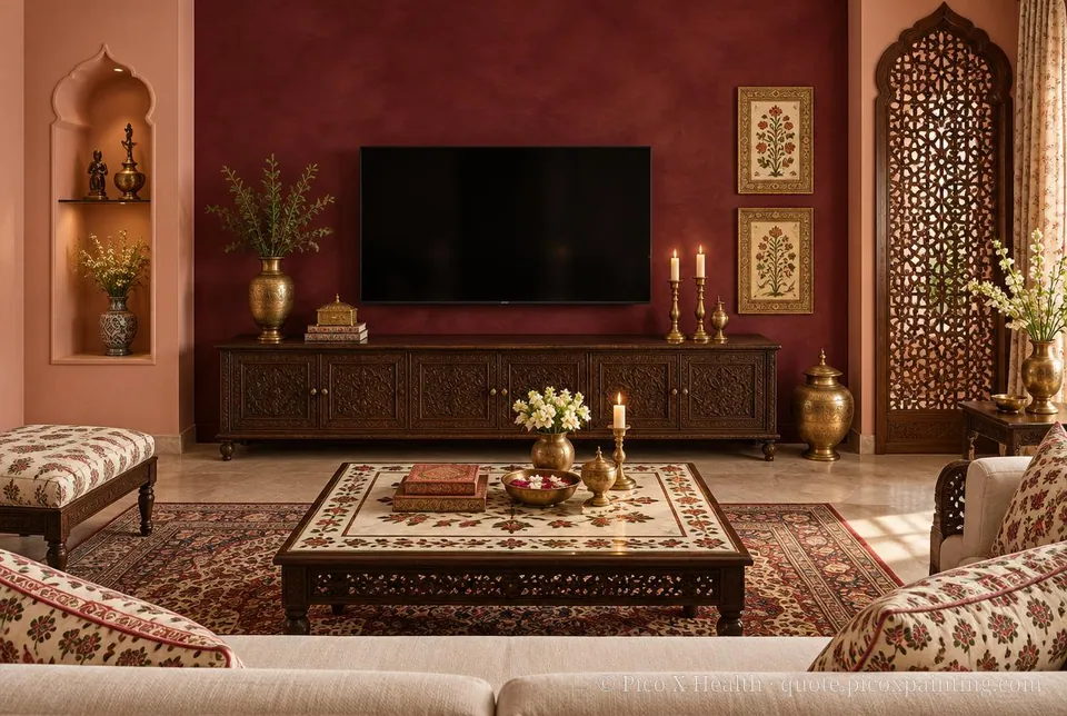 Mughal Heritage Rich / Statement living room — Gush Core/Care Date Night (RE000B) walls with a Raffles Burgundy Bazaar limewash feature wall and Mughal Heritage furnishings