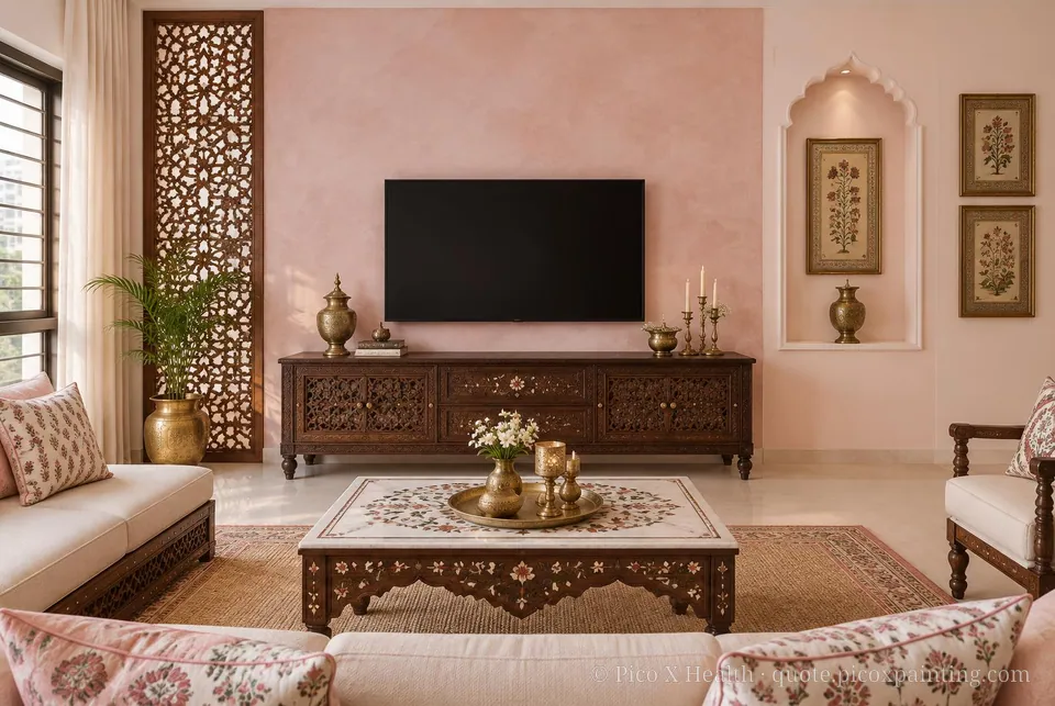 Mughal Heritage Soft / Airy living room — Gush Core/Care Pinky Swear (PI000A) walls with a Raffles Cherry Blossom limewash feature wall and Mughal Heritage furnishings