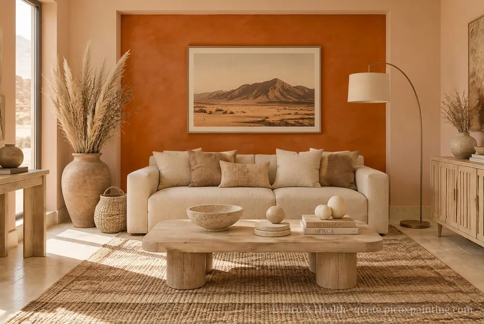 Namib Desert Rich / Statement living room — Gush Core/Care Breadwinner (NE028B) walls with a Raffles Burnt Amber limewash feature wall and Namib Desert furnishings