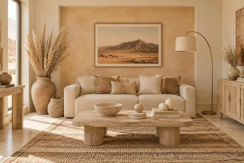 Namib Desert Soft / Airy living room — Gush Core/Care Deckchair (NE047A) walls with a Raffles Sugar Terra limewash feature wall and Namib Desert furnishings