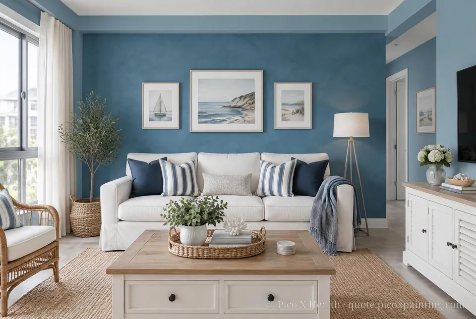 New England Coastal Rich / Statement living room — Gush Core/Care Dreamboat (BL009B) walls with a Raffles Indigo Lagoon limewash feature wall and New England Coastal furnishings