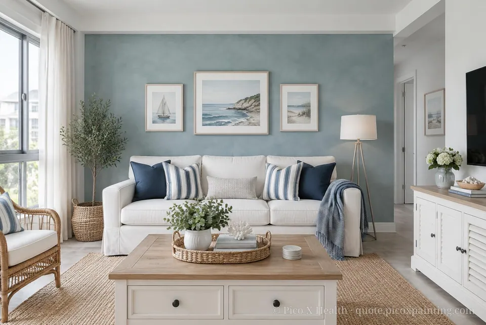 New England Coastal Soft / Airy living room — Gush Core/Care Solstice (BL025A) walls with a Raffles Stormy Ocean limewash feature wall and New England Coastal furnishings