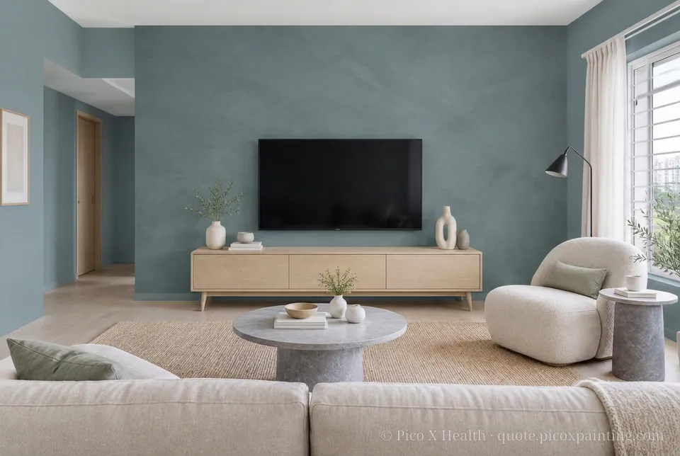 New Nordic Rich / Statement living room — Gush Core/Care Fahrenheit (BL045B) walls with a Raffles Steel Blue limewash feature wall and New Nordic furnishings