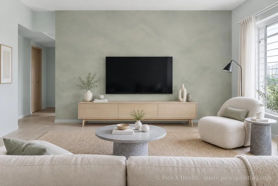 New Nordic Soft / Airy living room — Gush Core/Care Still Got Space (BL024A) walls with a Raffles Sage Sky limewash feature wall and New Nordic furnishings