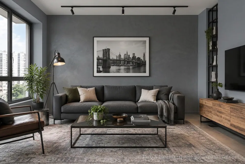 New York Loft Rich / Statement living room — Gush Core/Care Stellar (XR056B) walls with a Raffles Dark Sky limewash feature wall and New York Loft furnishings