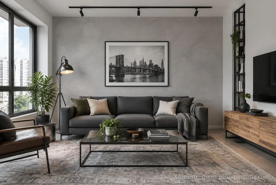 New York Loft Soft / Airy living room — Gush Core/Care Cooldown (XR001A) walls with a Raffles Cement Gray limewash feature wall and New York Loft furnishings
