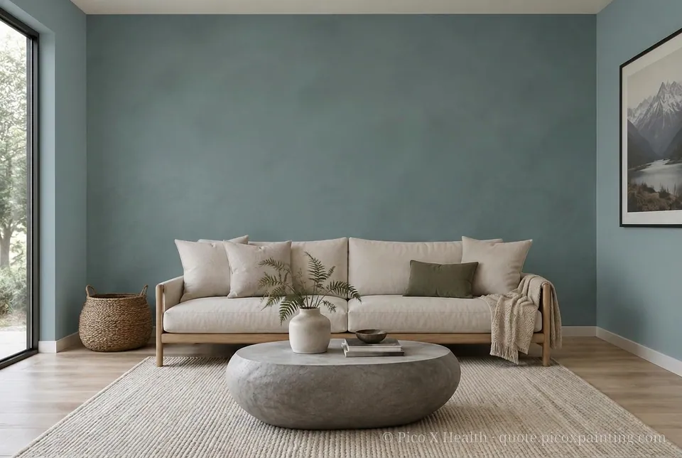 New Zealand Modern Rich / Statement living room — Gush Core/Care Fahrenheit (BL045B) walls with a Raffles Steel Blue limewash feature wall and New Zealand Modern furnishings