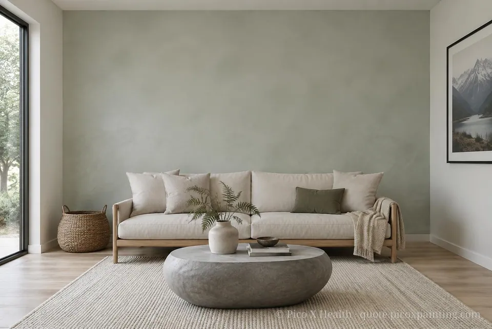 New Zealand Modern Soft / Airy living room — Gush Core/Care Still Got Space (BL024A) walls with a Raffles Sage Sky limewash feature wall and New Zealand Modern furnishings