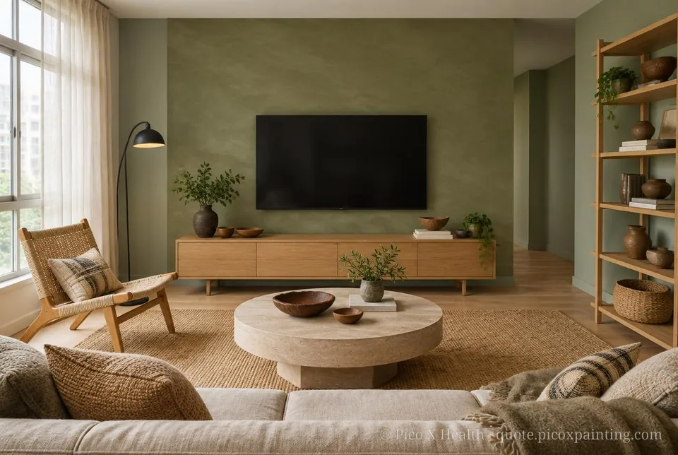 Nordic Rustic Rich / Statement living room — Gush Core/Care Malfoy (GR020B) walls with a Raffles Olive Overturn limewash feature wall and Nordic Rustic furnishings