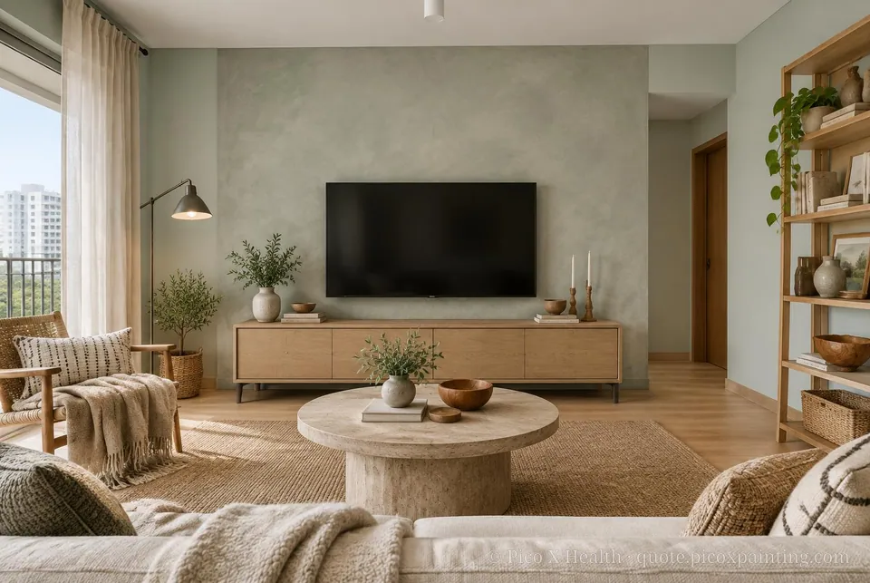 Nordic Rustic Soft / Airy living room — Gush Core/Care Aloe (GR008A) walls with a Raffles Silver Sage limewash feature wall and Nordic Rustic furnishings