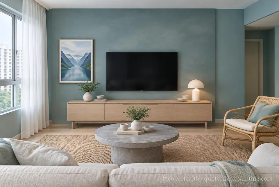 Norwegian Fjord Rich / Statement living room — Gush Core/Care Fahrenheit (BL045B) walls with a Raffles Steel Blue limewash feature wall and Norwegian Fjord furnishings