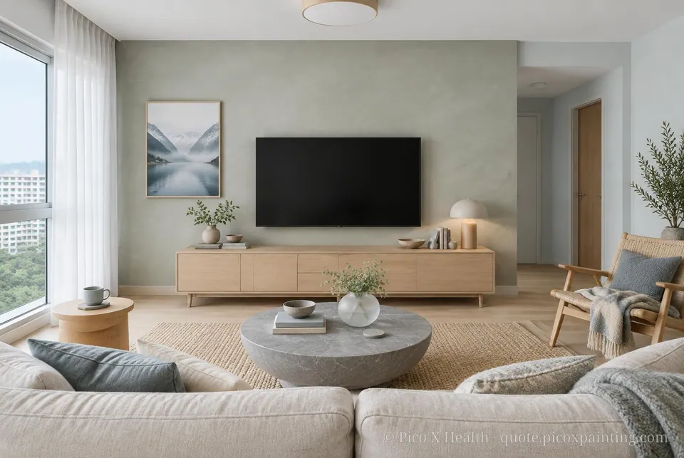 Norwegian Fjord Soft / Airy living room — Gush Core/Care Still Got Space (BL024A) walls with a Raffles Sage Sky limewash feature wall and Norwegian Fjord furnishings