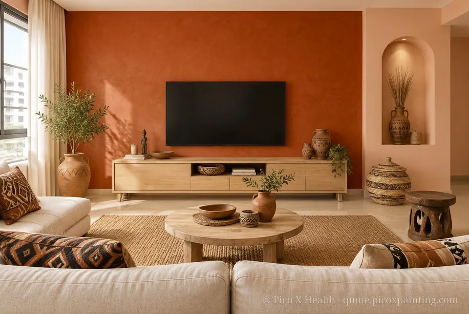Nubian Earth Rich / Statement living room — Gush Core/Care Breadwinner (NE028B) walls with a Raffles Burnt Amber limewash feature wall and Nubian Earth furnishings
