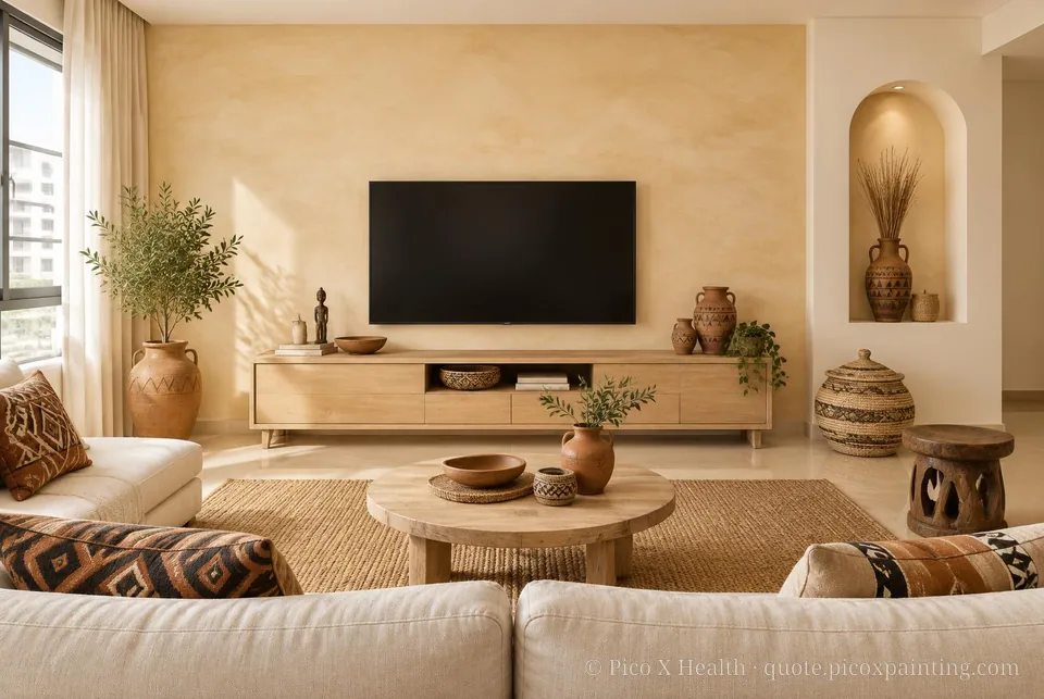 Nubian Earth Soft / Airy living room — Gush Core/Care Deckchair (NE047A) walls with a Raffles Sugar Terra limewash feature wall and Nubian Earth furnishings