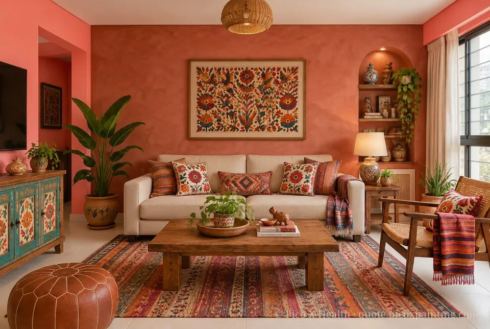 Oaxaca Craft Rich / Statement living room — Gush Core/Care Octane (PI021B) walls with a Raffles Terracota limewash feature wall and Oaxaca Craft furnishings