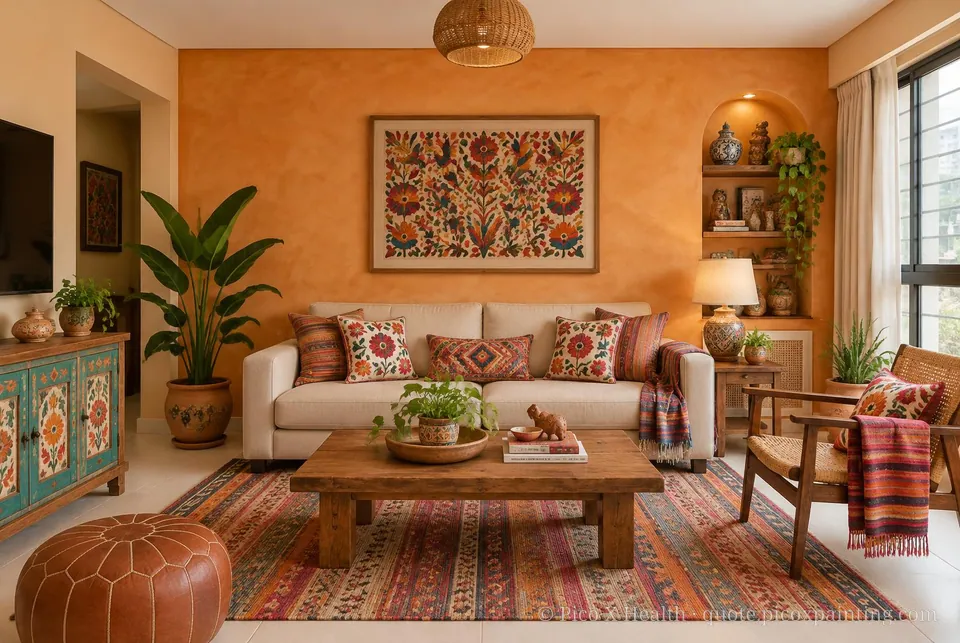 Oaxaca Craft Soft / Airy living room — Gush Core/Care Mango (OR002B) walls with a Raffles Mandarin Mirage limewash feature wall and Oaxaca Craft furnishings