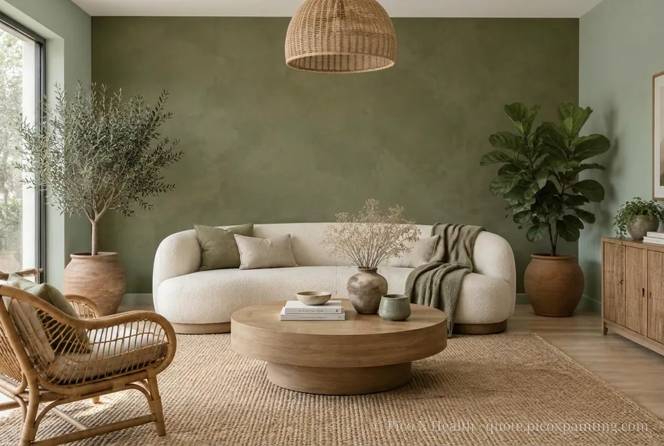 Organic Modern Rich / Statement living room — Gush Core/Care Ikigai (GR011B) walls with a Raffles Olive Overturn limewash feature wall and Organic Modern furnishings
