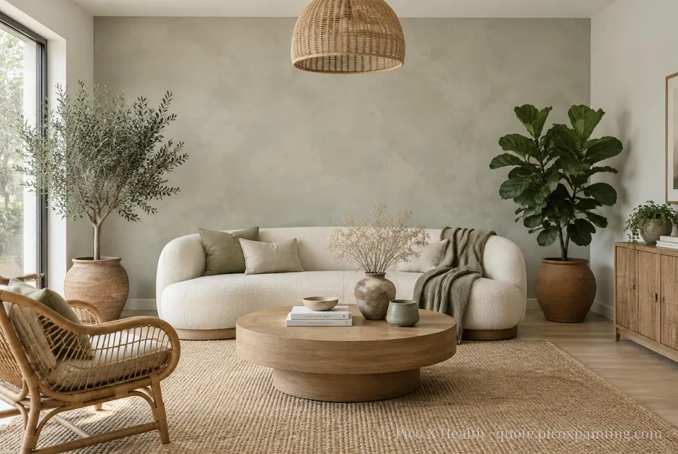 Organic Modern Soft / Airy living room — Gush Core/Care Chiffonade (BG008A) walls with a Raffles Silver Sage limewash feature wall and Organic Modern furnishings