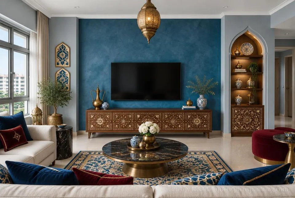 Ottoman Interior Rich / Statement living room — Gush Core/Care Dreamboat (BL009B) walls with a Raffles Indigo Lagoon limewash feature wall and Ottoman Interior furnishings