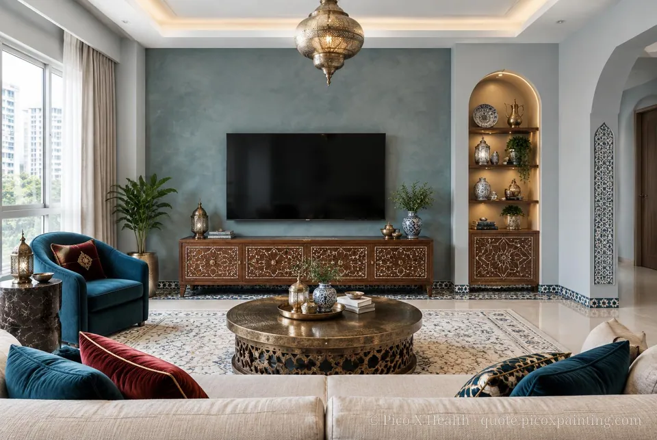 Ottoman Interior Soft / Airy living room — Gush Core/Care Mindful (BL000A) walls with a Raffles Steel Blue limewash feature wall and Ottoman Interior furnishings