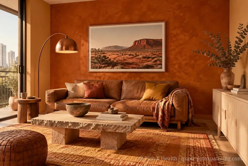 Outback Earth Rich / Statement living room — Gush Core/Care Supper Stretch (OR005B) walls with a Raffles Burnt Amber limewash feature wall and Outback Earth furnishings
